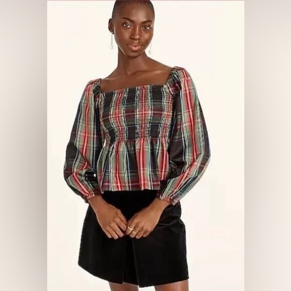 NWT J.Crew Puff-Sleeve Smocked Top in Stewart Tartan, Size XS - Picture 1 of 8